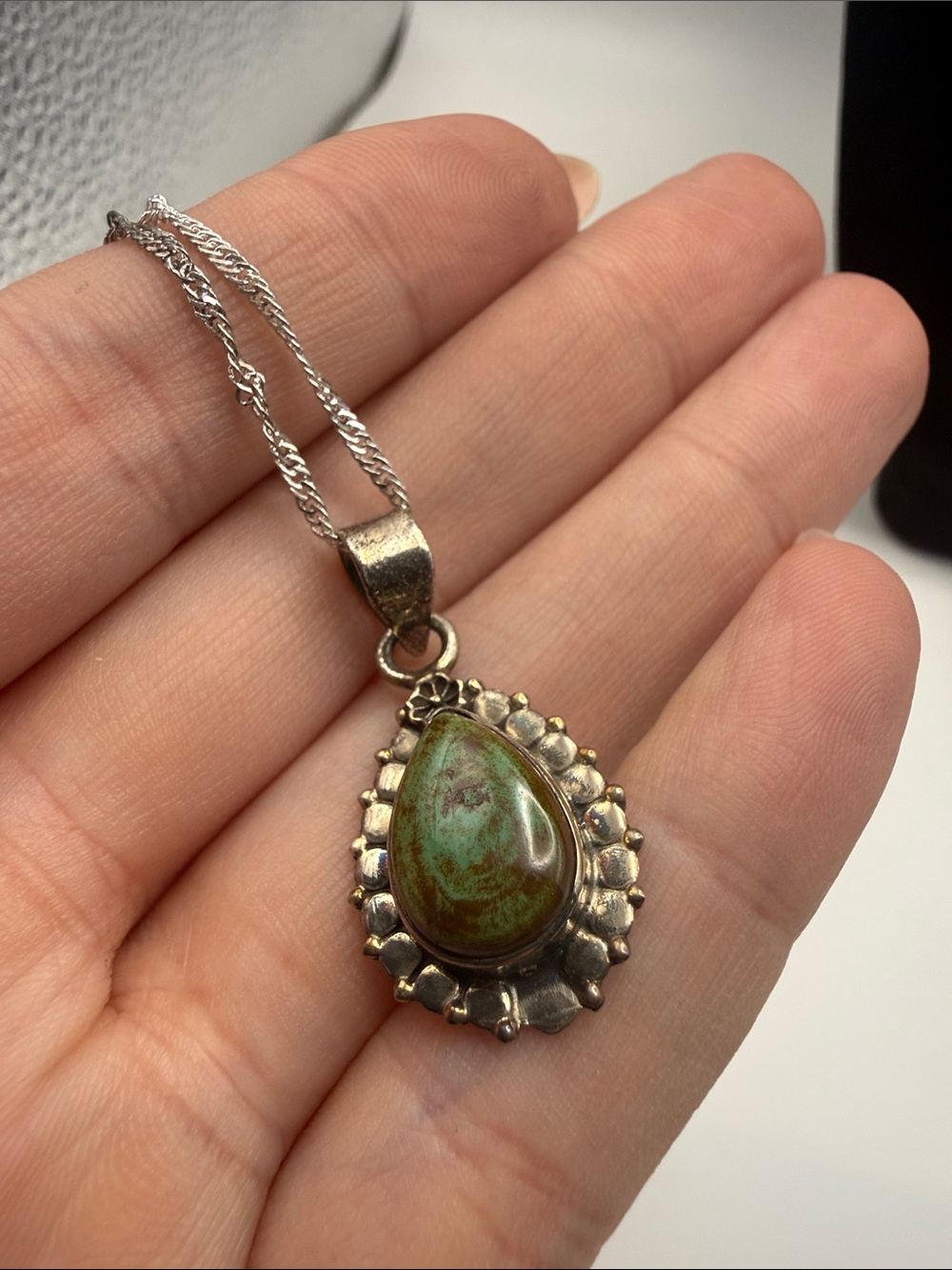 925 Sterling Silver Green Turquoise Teardrop Stone Pendant Necklace 18” - Picture 8 of 9